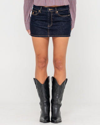 Woman wearing Risque Low Rise Denim Micro Skirt in Raw Dawg