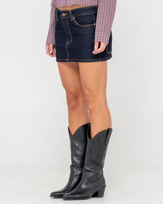 Woman wearing Risque Low Rise Denim Micro Skirt in Raw Dawg