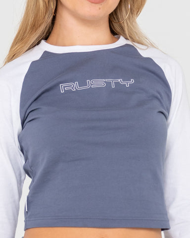 Woman wearing Tekky Long Sleeve Raglan Skimmer Tee in Blue