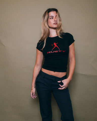 Woman wearing Devil Power Baby Tee in Black