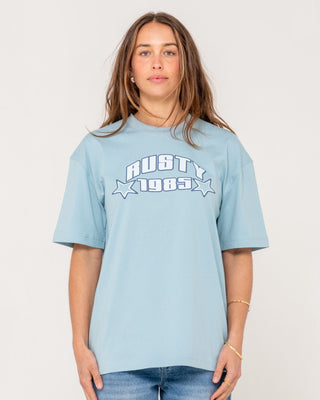 Woman wearing Star Shine Oversize Short Sleeve Tee in Glacier Lake