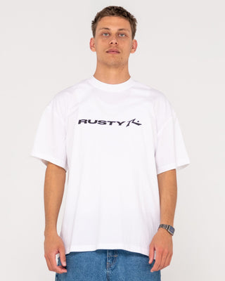 Man wearing Vital Rusty Short Sleeve Tee in White 2