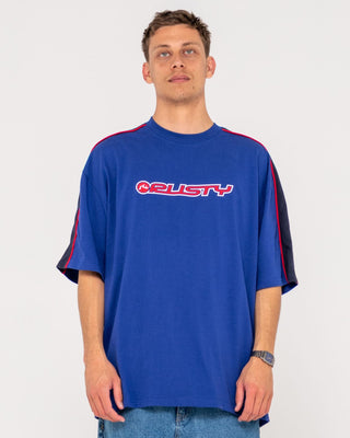 Man wearing Alonso Short Sleeve Tee in Marazine Blue