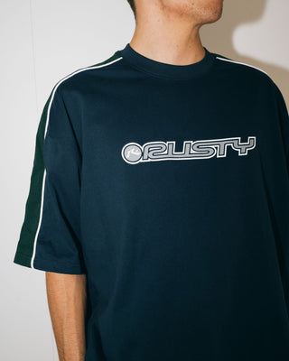 Man wearing Alonso Short Sleeve Tee in Navy Blue