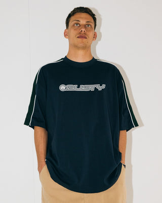 Man wearing Alonso Short Sleeve Tee in Navy Blue