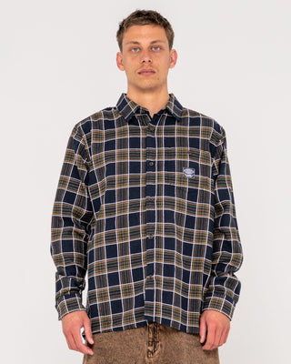 Man wearing Brooks Long Sleeve Shirt in Navy/Cream