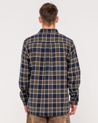 Man wearing Brooks Long Sleeve Shirt in Navy/Cream