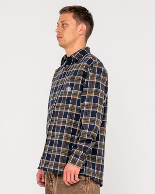 Man wearing Brooks Long Sleeve Shirt in Navy/Cream