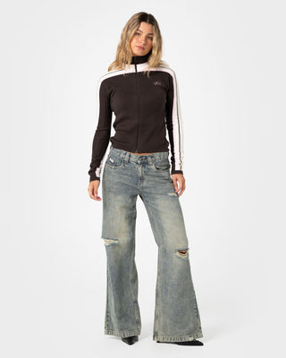 Woman wearing Daddy Gb Zip Through Knit in Java