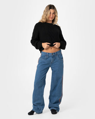 Woman wearing Two Tales Knitted Crew in Black