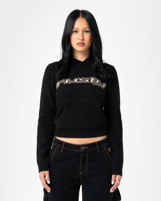Woman wearing Intro Sofia Knitted Hood in Black
