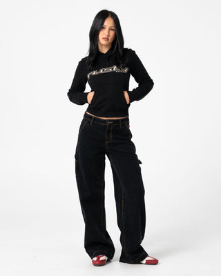 Woman wearing Intro Sofia Knitted Hood in Black