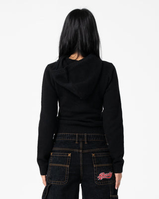 Woman wearing Intro Sofia Knitted Hood in Black