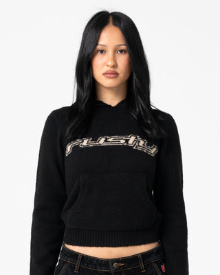 Woman wearing Intro Sofia Knitted Hood in Black