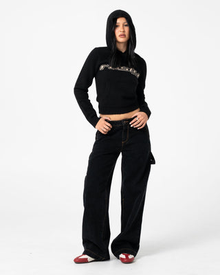 Woman wearing Intro Sofia Knitted Hood in Black