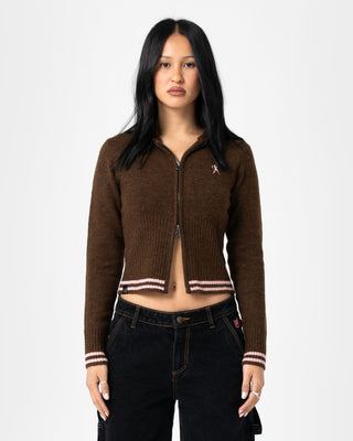 Woman wearing Devil Girl Knitted Zip Through Hood in Java
