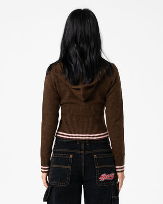Woman wearing Devil Girl Knitted Zip Through Hood in Java