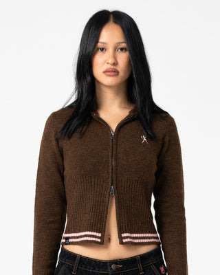 Woman wearing Devil Girl Knitted Zip Through Hood in Java