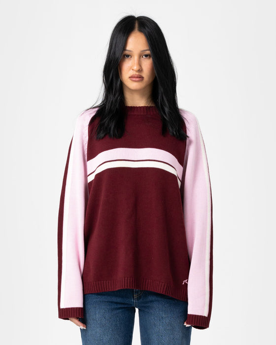 woman-wearing-white-lines-two-l-s-crew-neck-knit-in-burgundy