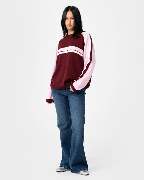 woman-wearing-white-lines-two-l-s-crew-neck-knit-in-burgundy