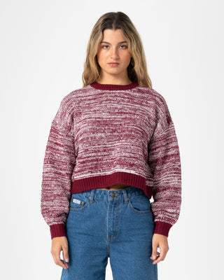 Woman wearing Marcy Crop L/S Crew Knit in Burgundy
