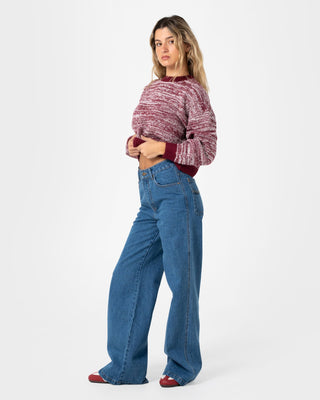 Woman wearing Marcy Crop L/S Crew Knit in Burgundy