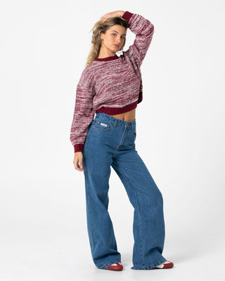 Woman wearing Marcy Crop L/S Crew Knit in Burgundy