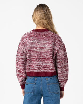 Woman wearing Marcy Crop L/S Crew Knit in Burgundy