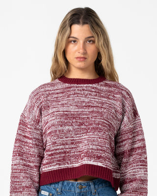 Woman wearing Marcy Crop L/S Crew Knit in Burgundy