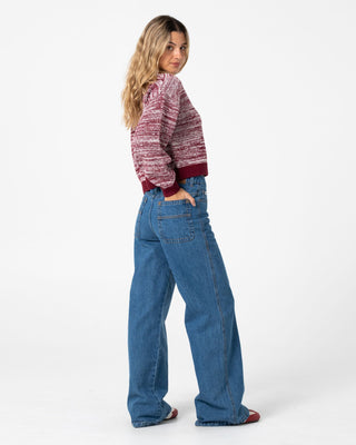 Woman wearing Marcy Crop L/S Crew Knit in Burgundy