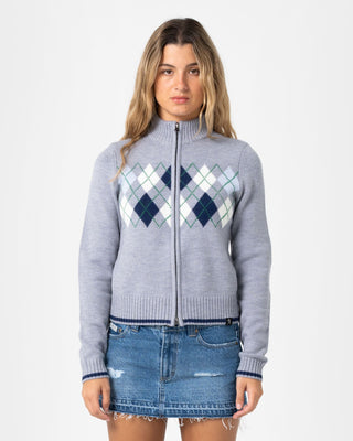 Woman wearing Clued In Zip Through Knit in Grey Marle
