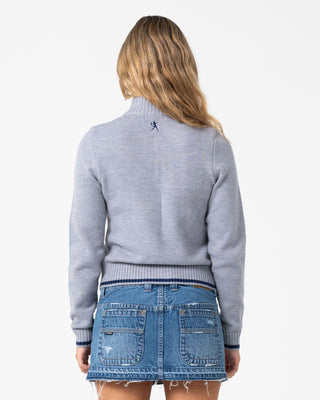 Woman wearing Clued In Zip Through Knit in Grey Marle