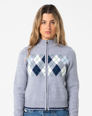 Woman wearing Clued In Zip Through Knit in Grey Marle