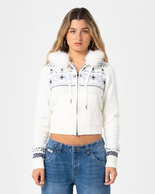 Woman wearing Yah Yah Fur Zip Through Hood Knit in Cream