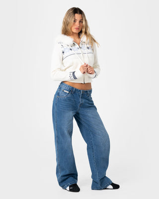 Woman wearing Yah Yah Fur Zip Through Hood Knit in Cream