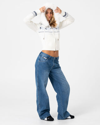 Woman wearing Yah Yah Fur Zip Through Hood Knit in Cream