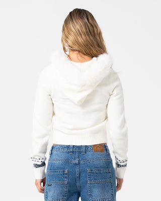 Woman wearing Yah Yah Fur Zip Through Hood Knit in Cream