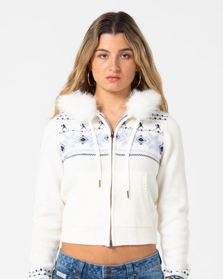 Woman wearing Yah Yah Fur Zip Through Hood Knit in Cream