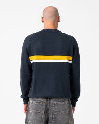 Man wearing White Lines 2.0 Knitted Crew in Steel Blue
