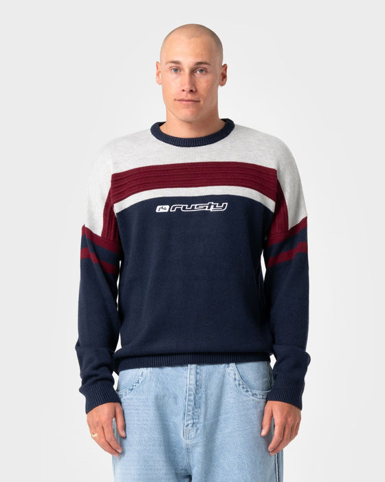 man-wearing-snow-trip-archive-sweater-in-navy-blue