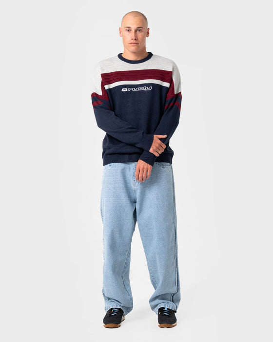 man-wearing-snow-trip-archive-sweater-in-navy-blue