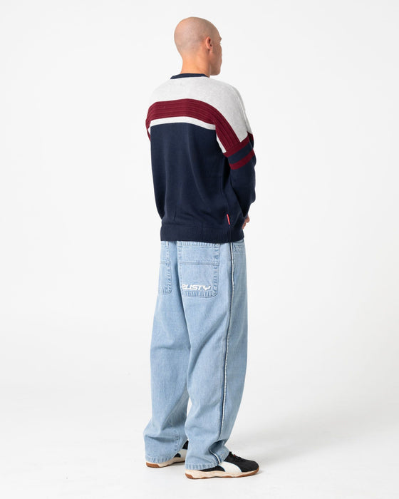 man-wearing-snow-trip-archive-sweater-in-navy-blue