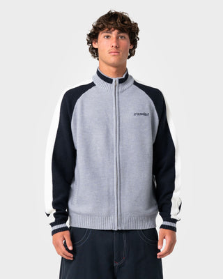 Man wearing Sparsity Knitted Bomber in Grey Marle