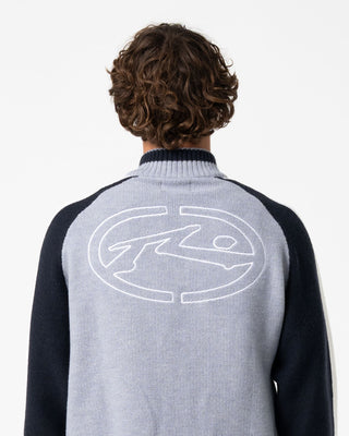 Man wearing Sparsity Knitted Bomber in Grey Marle