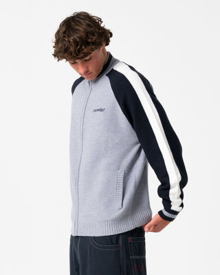 Man wearing Sparsity Knitted Bomber in Grey Marle