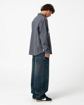 Man wearing Boneyard Cacoon Jean in Dark N Dirty