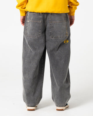 Man wearing Boneyard Cacoon Jean in Washed Black