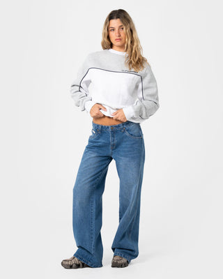 Woman wearing Polar Popped Panelled Crew Fleece in Grey Marle