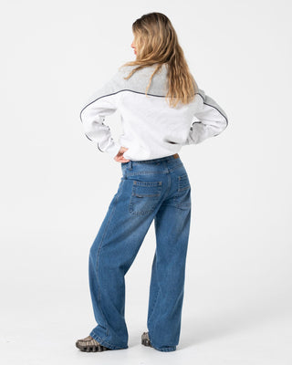 Woman wearing Polar Popped Panelled Crew Fleece in Grey Marle