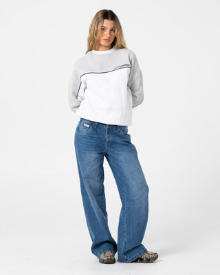 Woman wearing Polar Popped Panelled Crew Fleece in Grey Marle